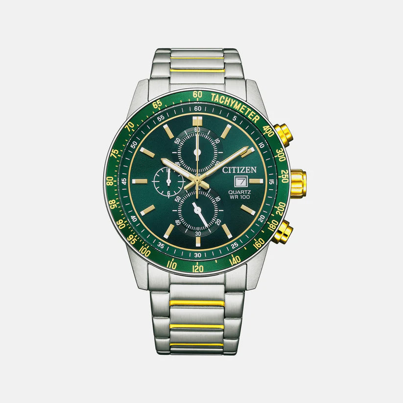 Men Quartz Green Dial Chronograph Stainless Steel Watch